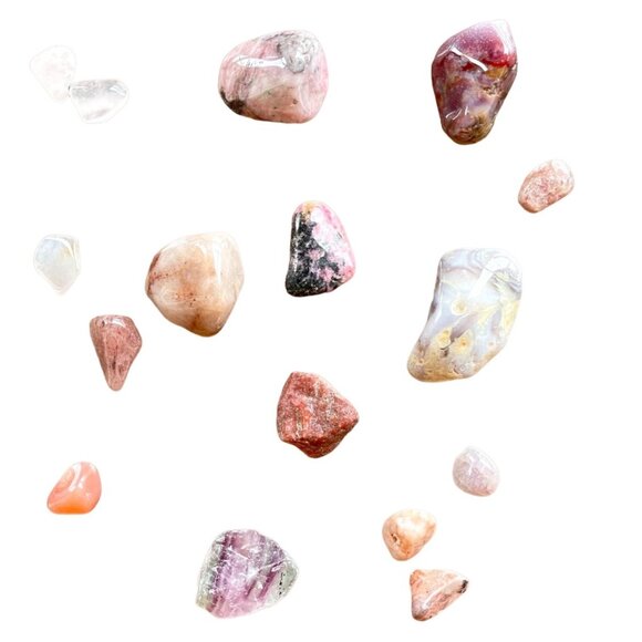 Tumbled Healing Natural Stones Crystals Pink Purple Earth Tones w/ Glass Display - Picture 2 of 7